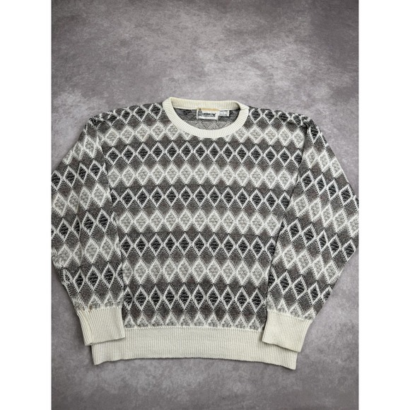 Vintage London Fog Sweater Mens Large Gray Cream Argyle Crewneck Made USA 90s - Picture 1 of 16